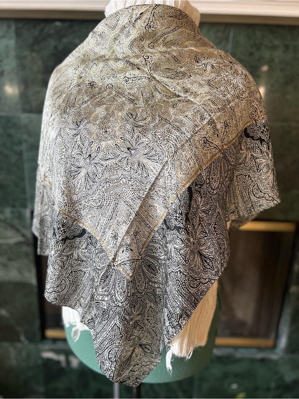 Elegant Vintage Christian Aujard Black & White  Paisley Silk Scarf Square 34”